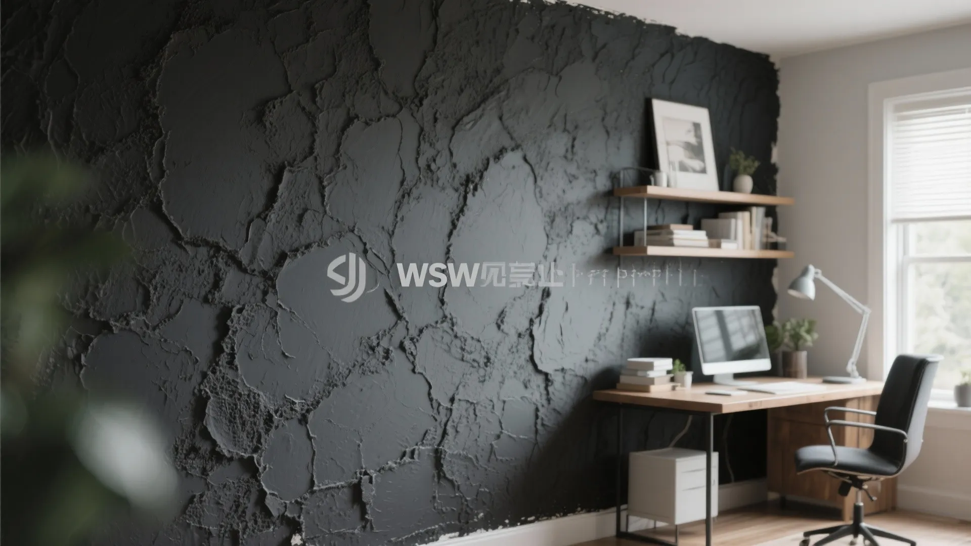 Home office interior with black textured wall wooden desk computer chair and simple wall shelves