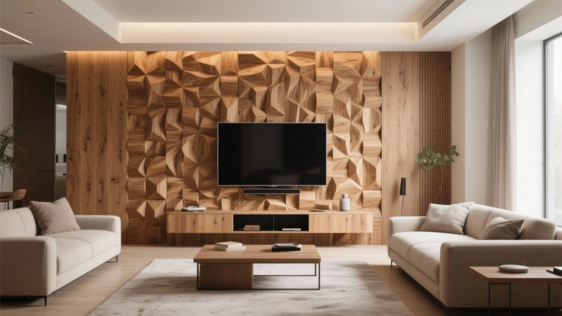 Textured wood panel wall with mounted TV in modern living room