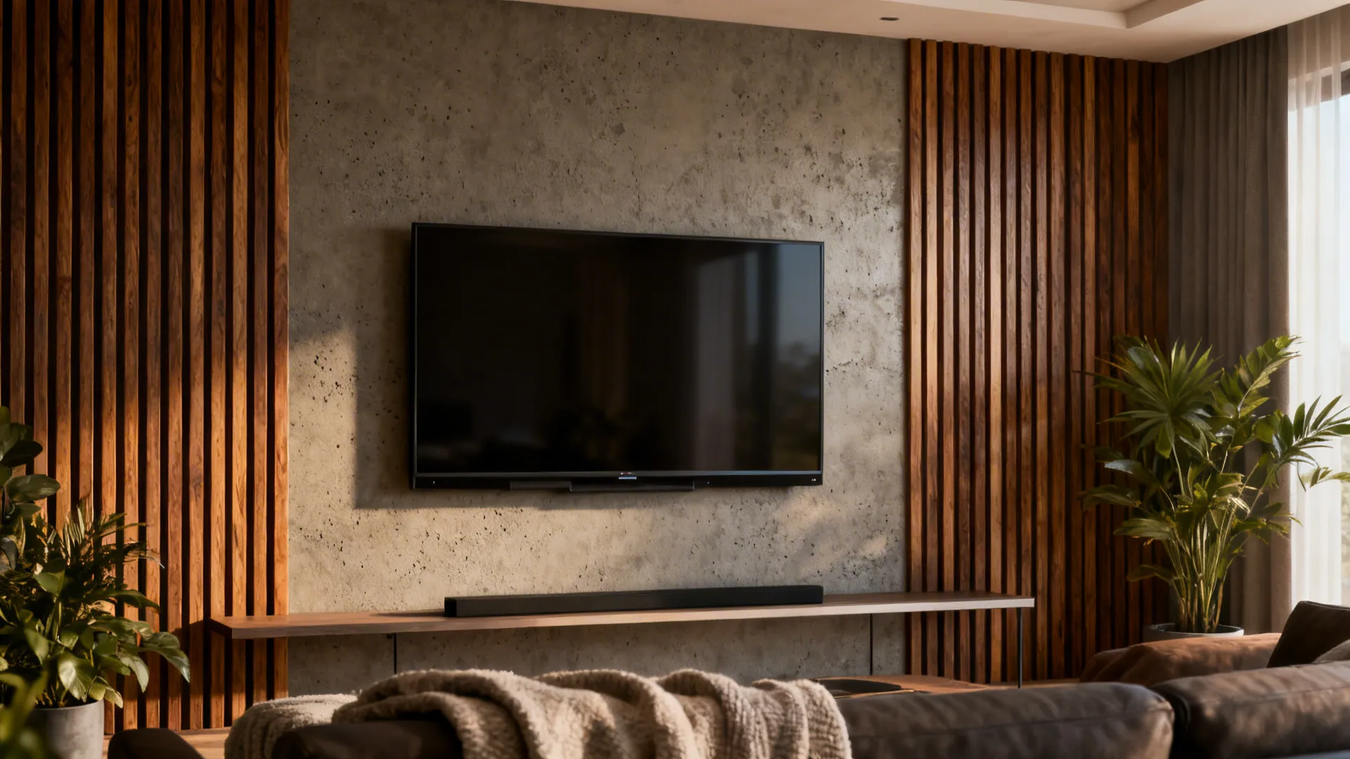 Wall-mounted TV on a textured accent wall with vertical wood slats in a cozy living room.