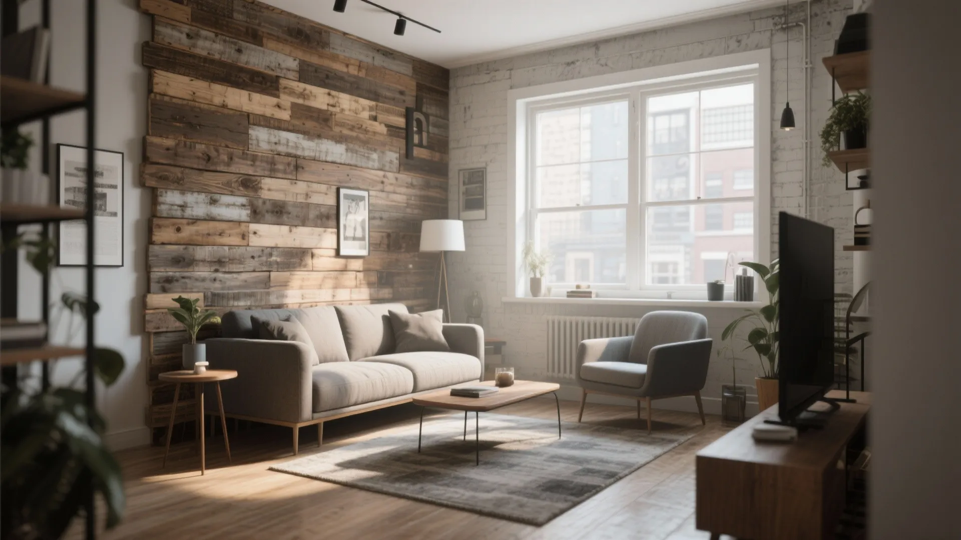 Industrial living room with wood wall panel grey sofa grey chair and large bright windows