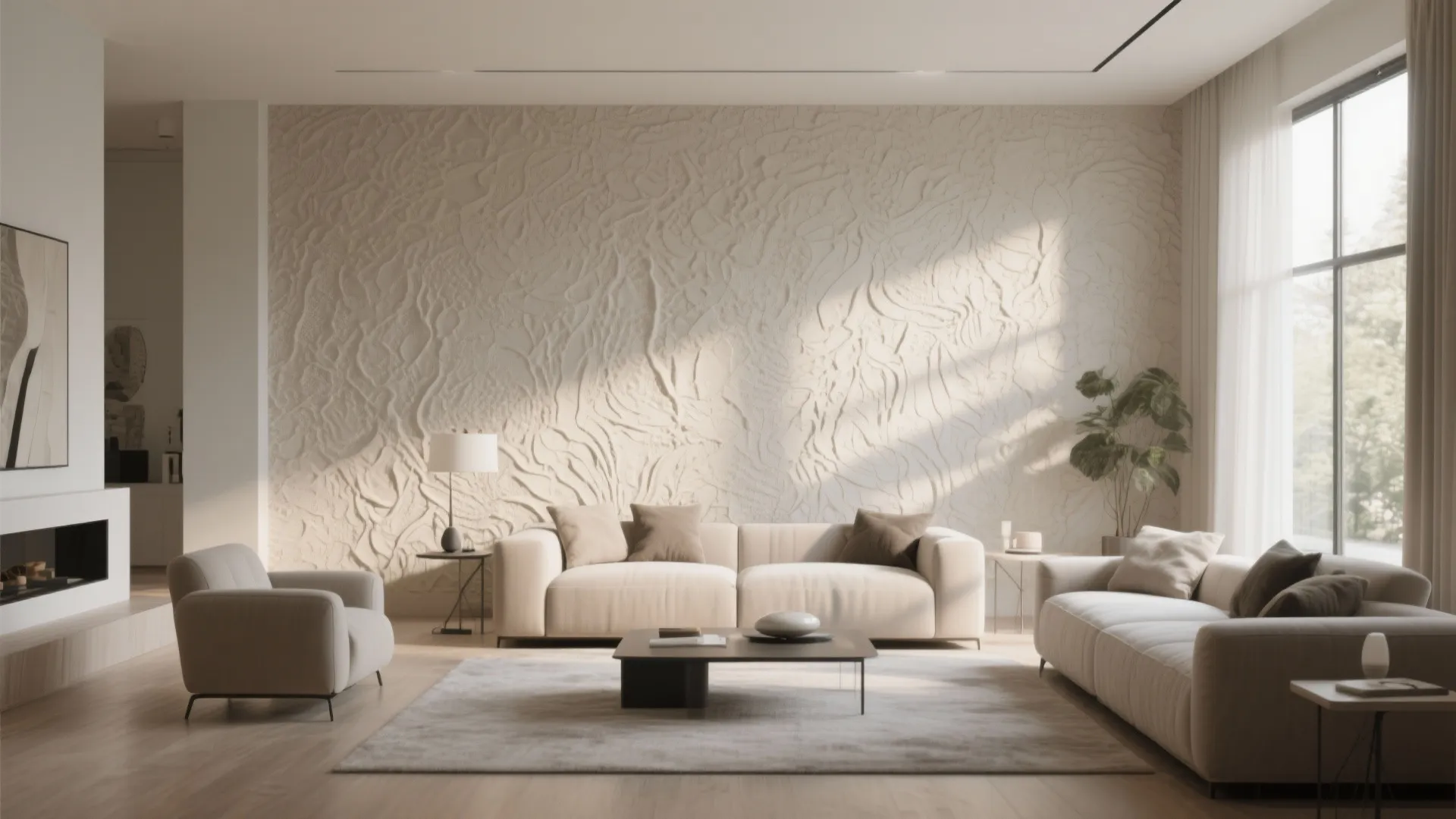 Elegant living room with textured wall panel beige sofas low coffee table fireplace and large window