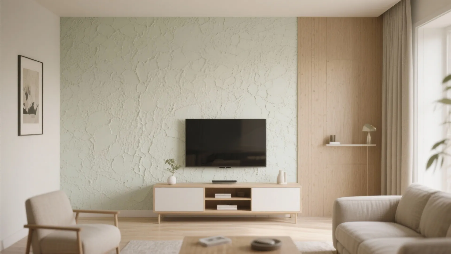 Modern living room featuring a light green textured wall panel with television and wooden cabinet