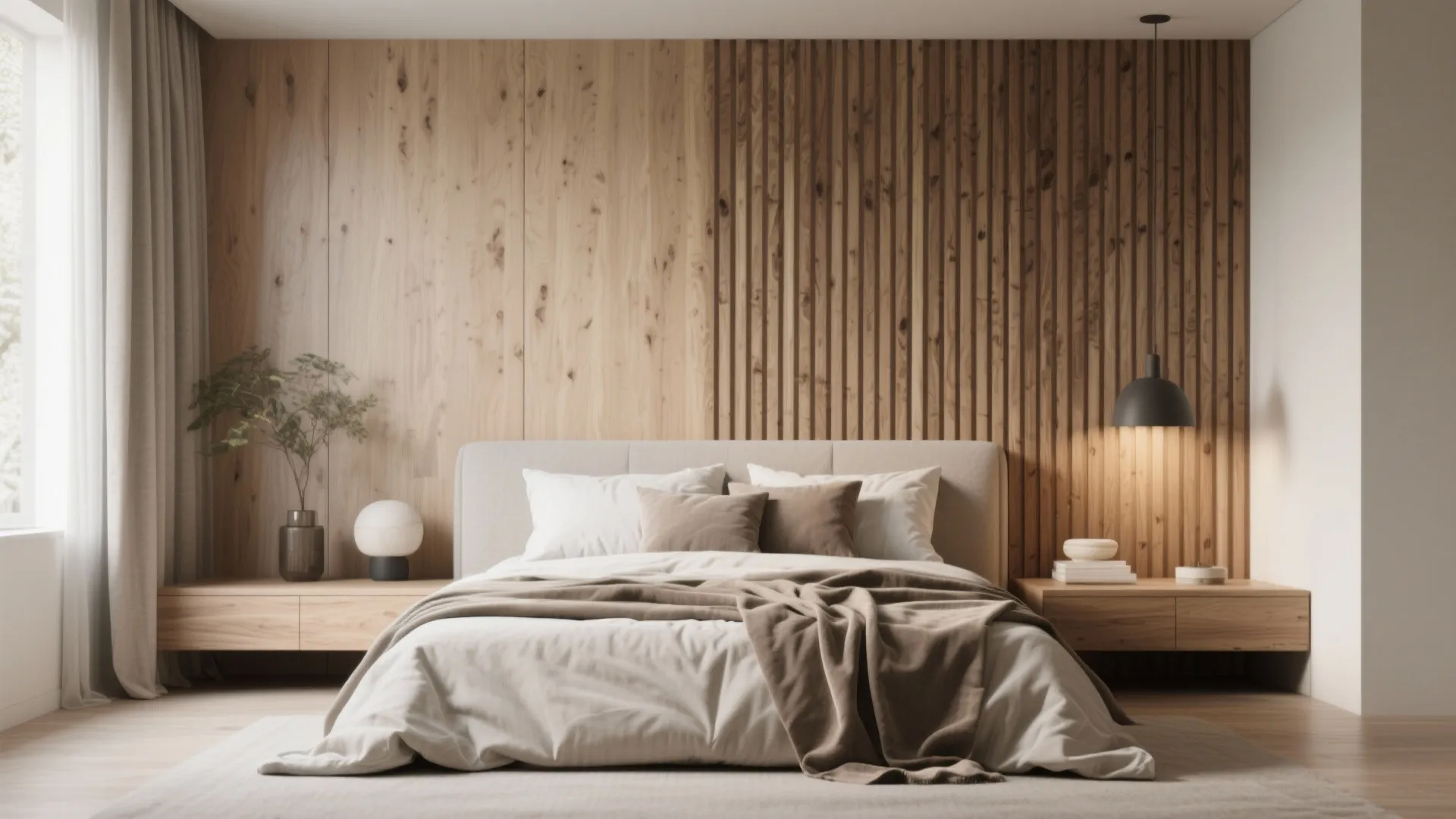 Modern bedroom featuring vertical wooden wall panel textured headboard low wooden cabinet and black ceiling light