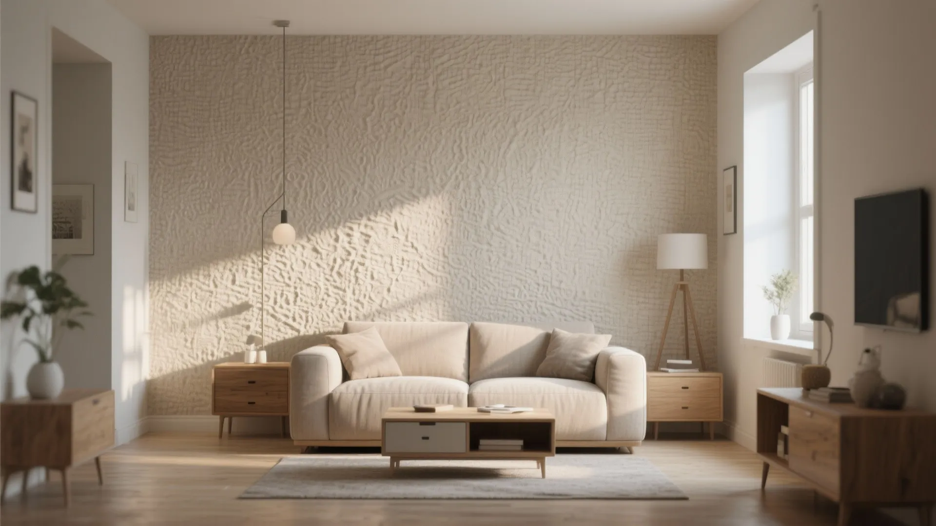 Modern living room featuring textured wall panel beige sofa wooden cabinets and natural sunlight effect