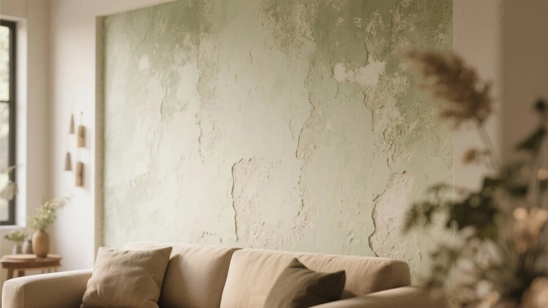 Interior design with light green textured wall behind a beige sofa and decorative wall lights