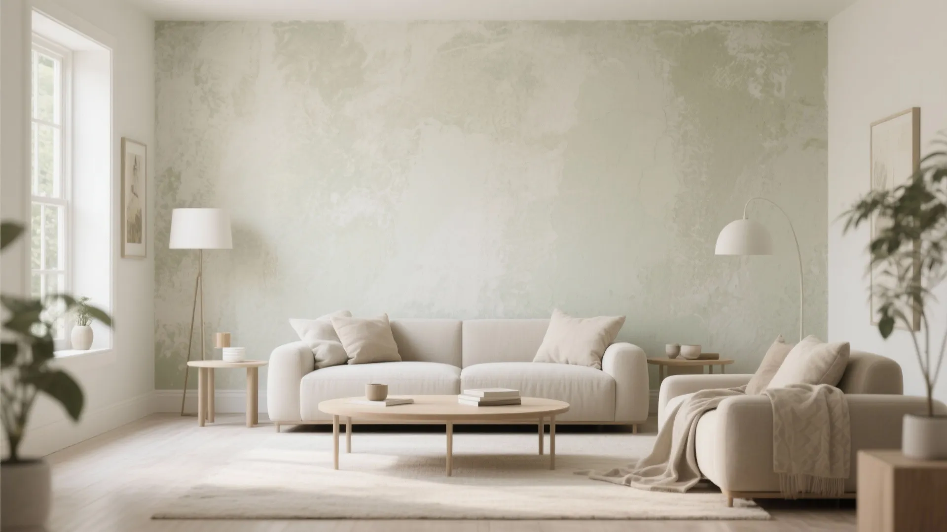 Modern living room featuring a green textured wall with white sofa and wooden coffee table