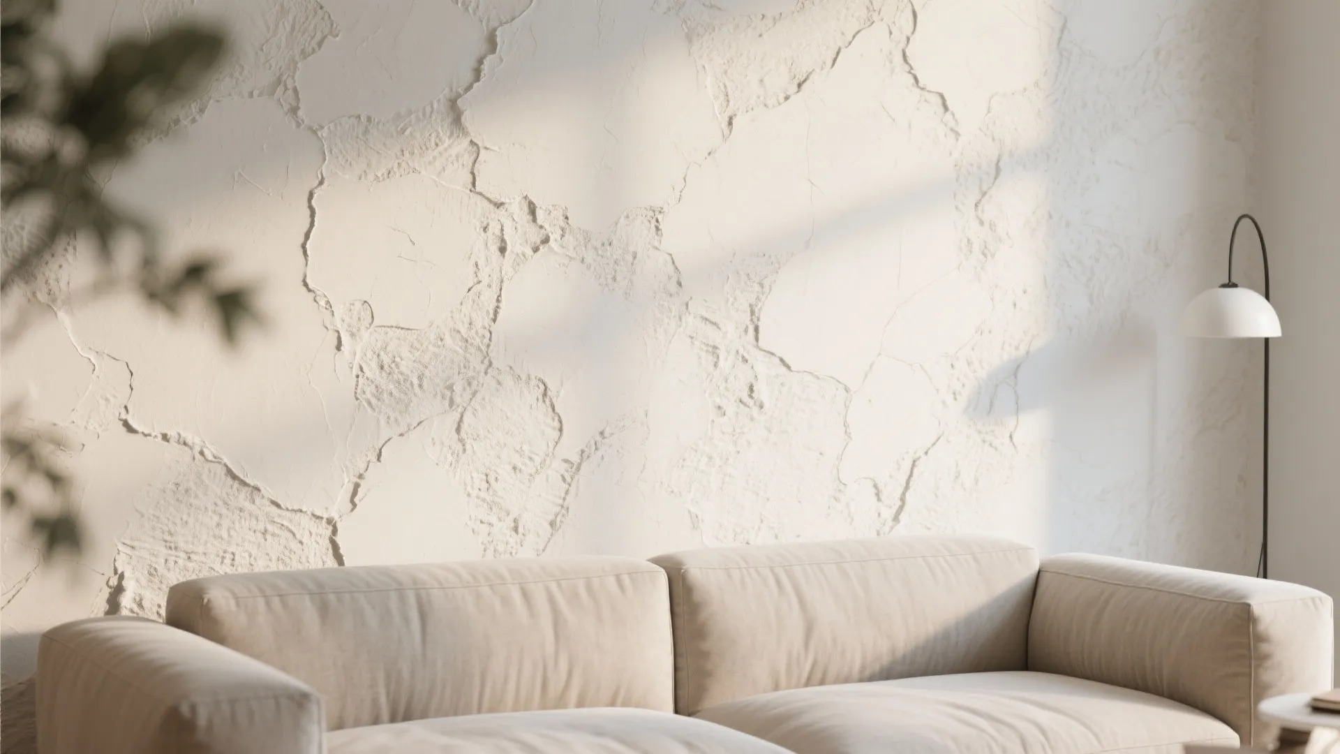 Minimalist living room showing a white textured wall panel behind a beige sofa and lamp
