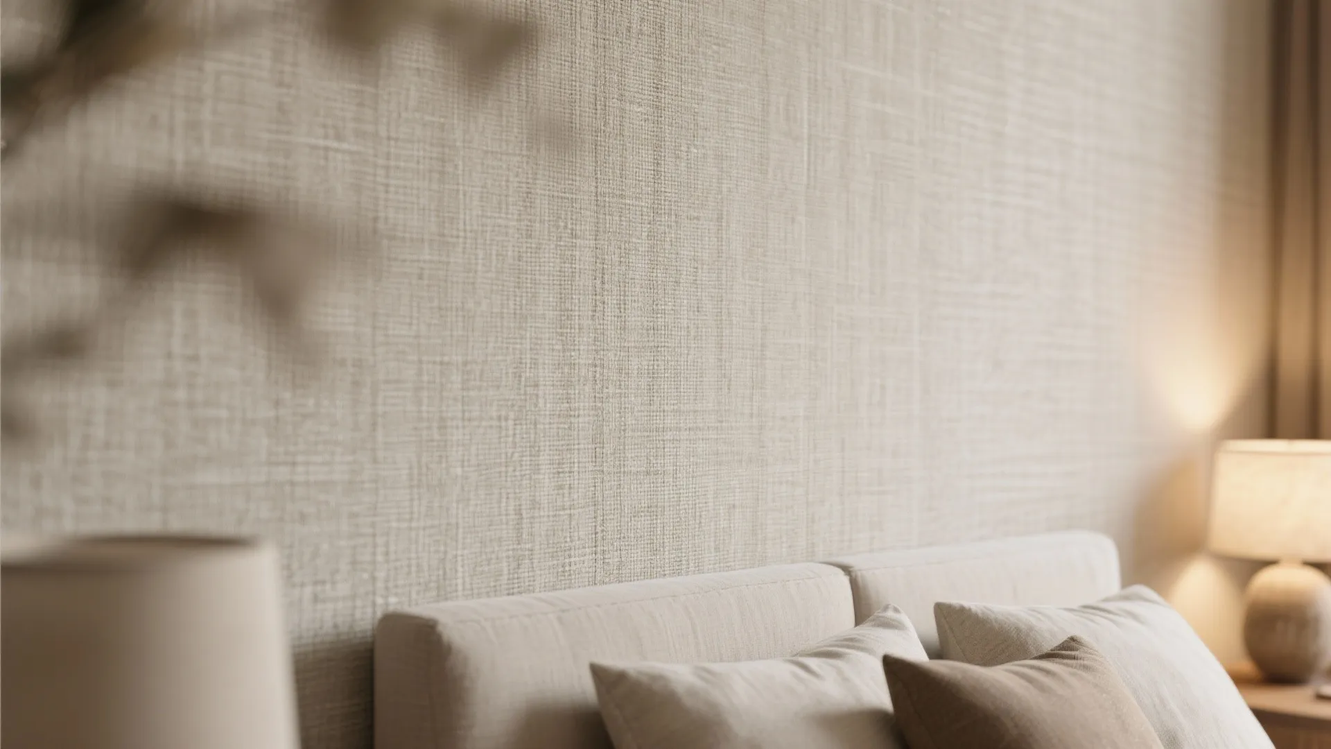 Close up of a beige textured fabric wall panel behind a bed with soft pillows