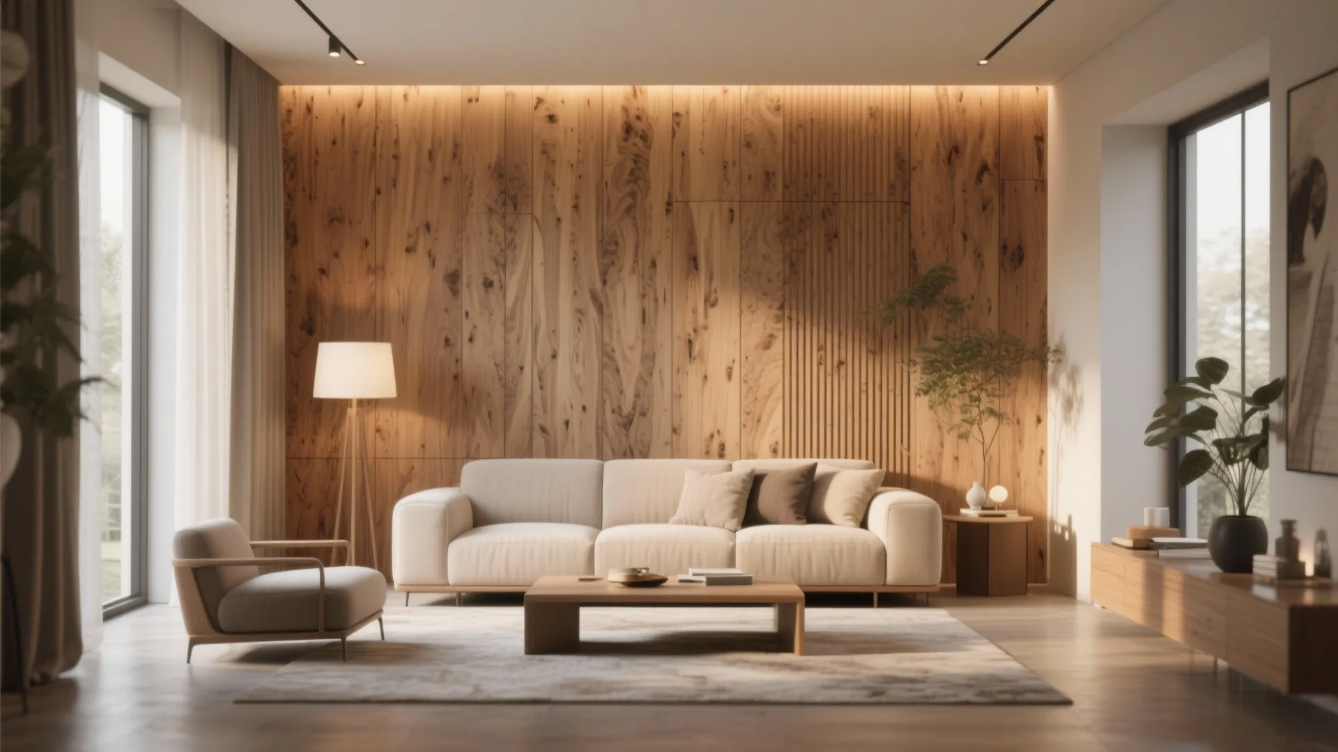 Modern living room featuring a large wooden wall panel behind a white sofa and rug