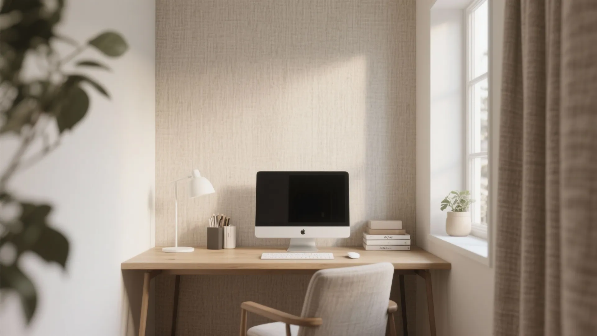Minimalist home office with wooden desk computer lamp and textured wall panel near a window