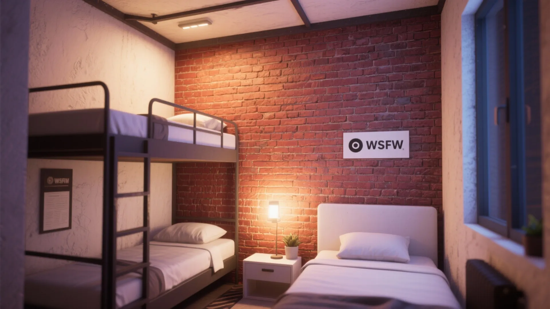 Industrial bedroom featuring red brick wall metal bunk beds single bed nightstand and small lamp
