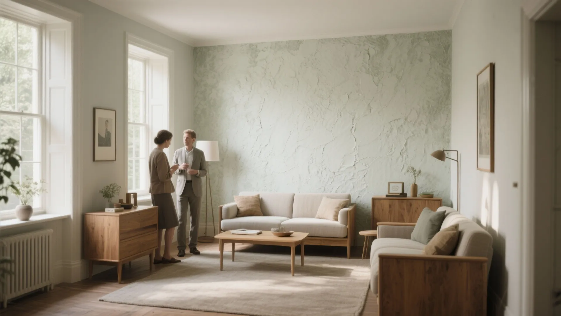 Living room featuring light green textured wall with wooden cabinet sofa and two people talking