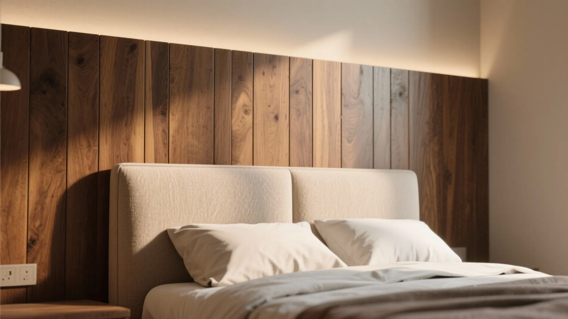 Close up of beige bed headboard against a wooden wall panel with warm hidden lighting