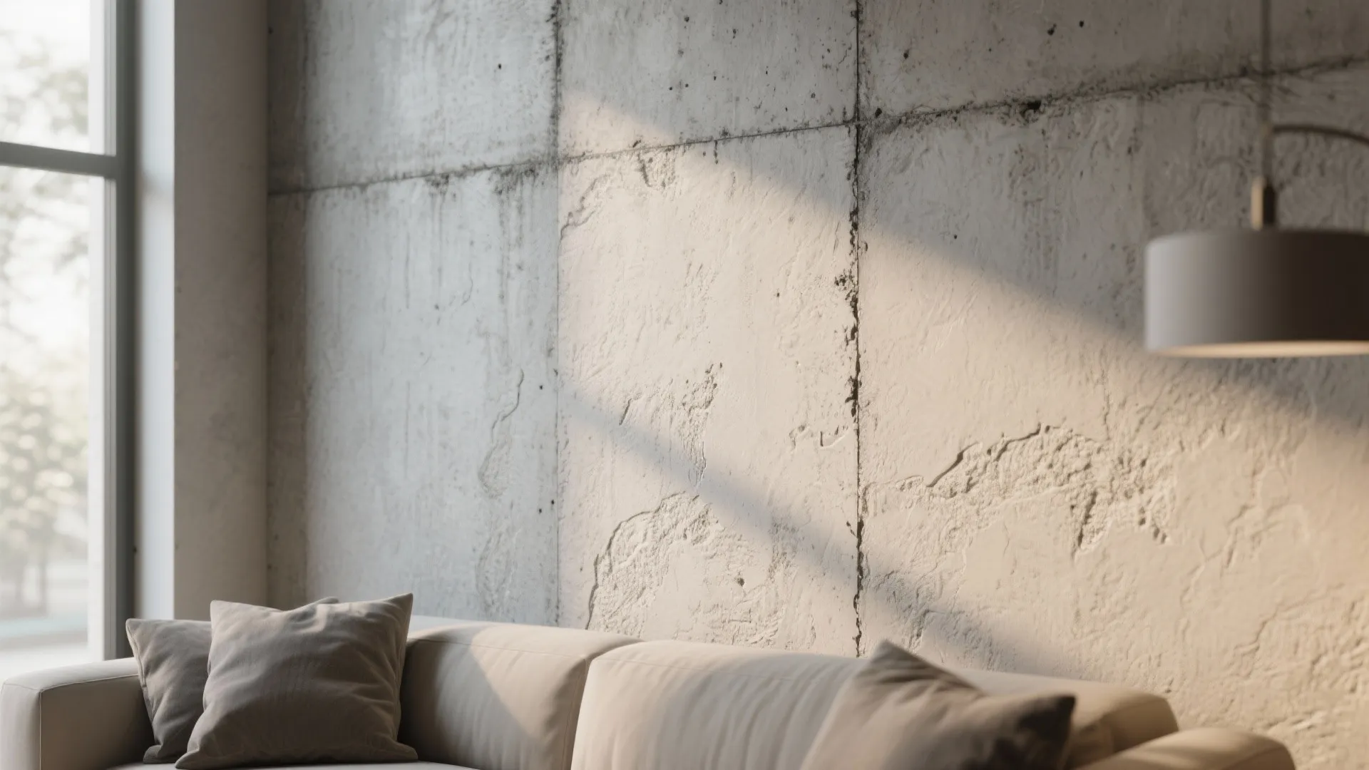 Close up view of textured grey concrete wall with sunlight shadows near white sofa and lamp
