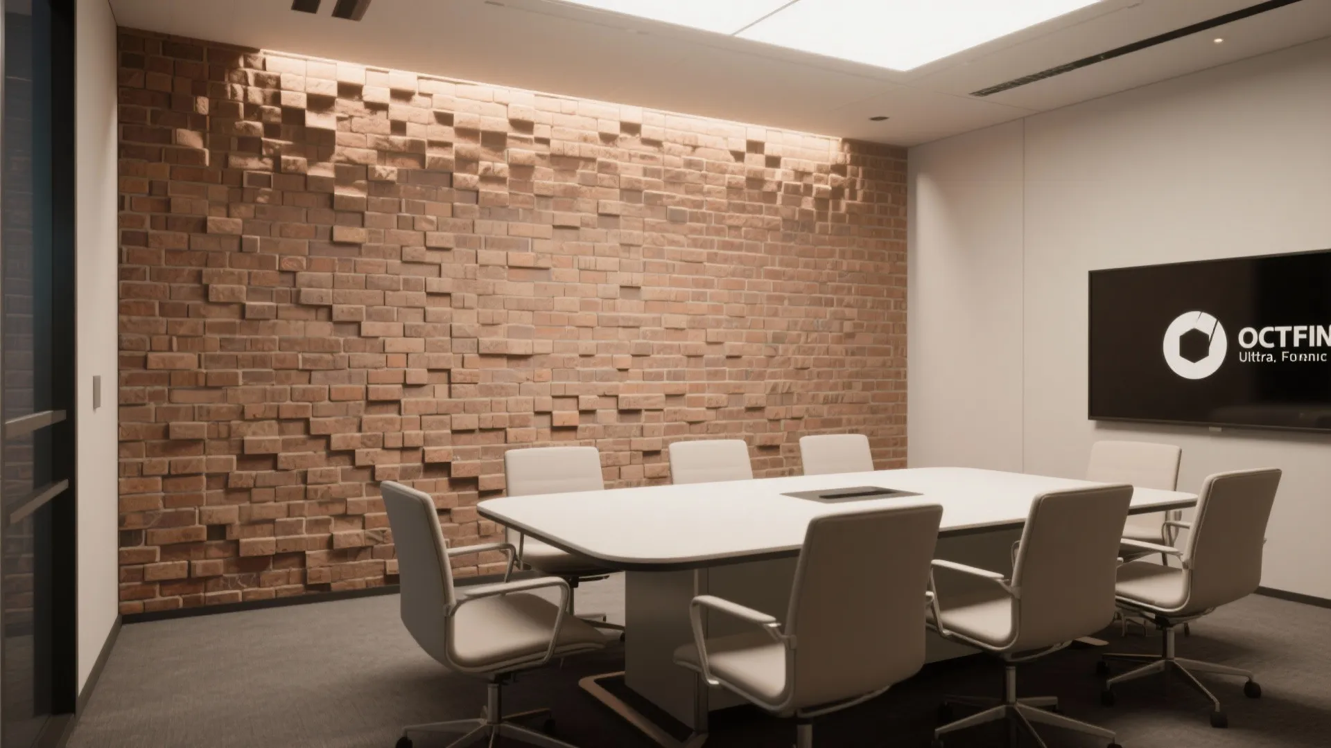 Modern meeting room with brick wall panel, large white conference table, and black television screen