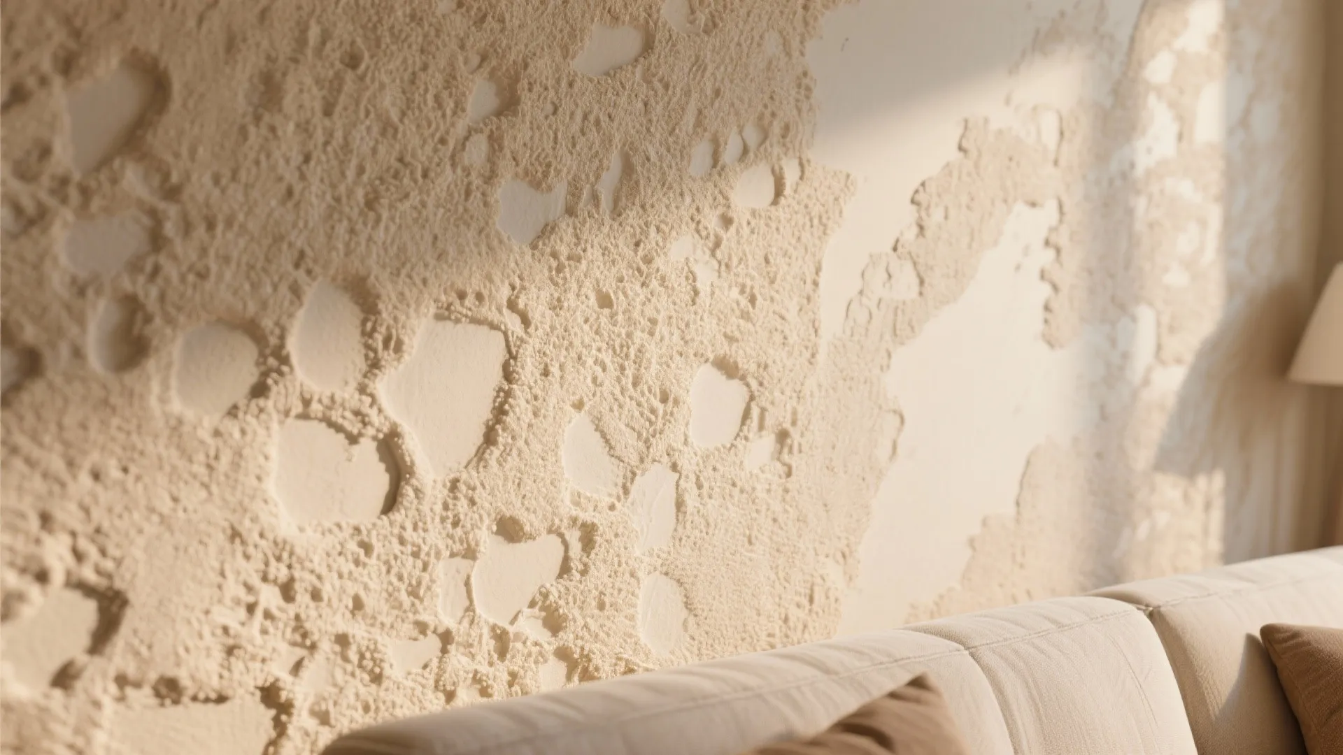 Close up view of beige textured wall panel behind soft cream sofa in bright room
