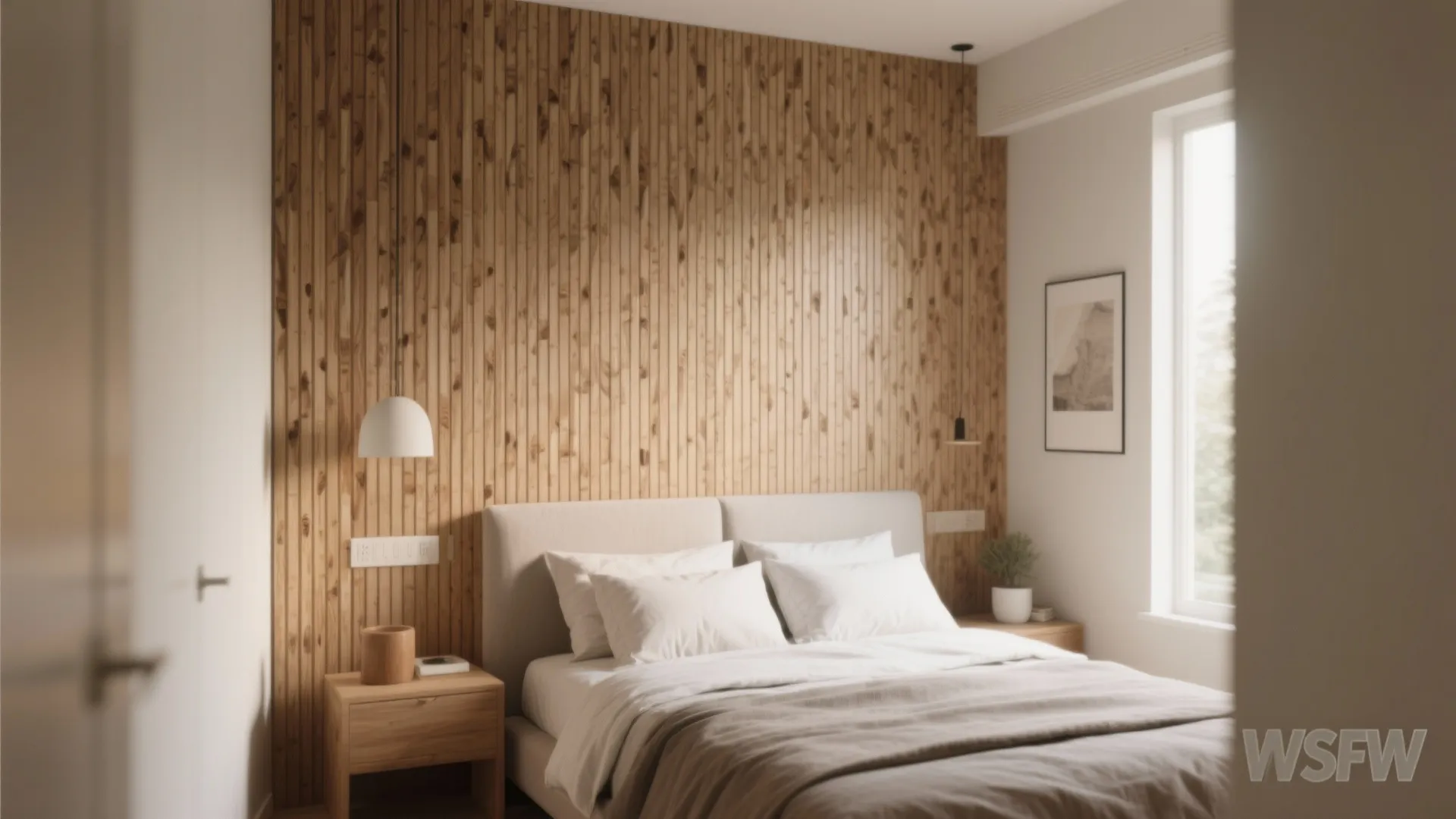 Minimalist bedroom featuring a vertical wood wall panel behind a white bed and bedside table