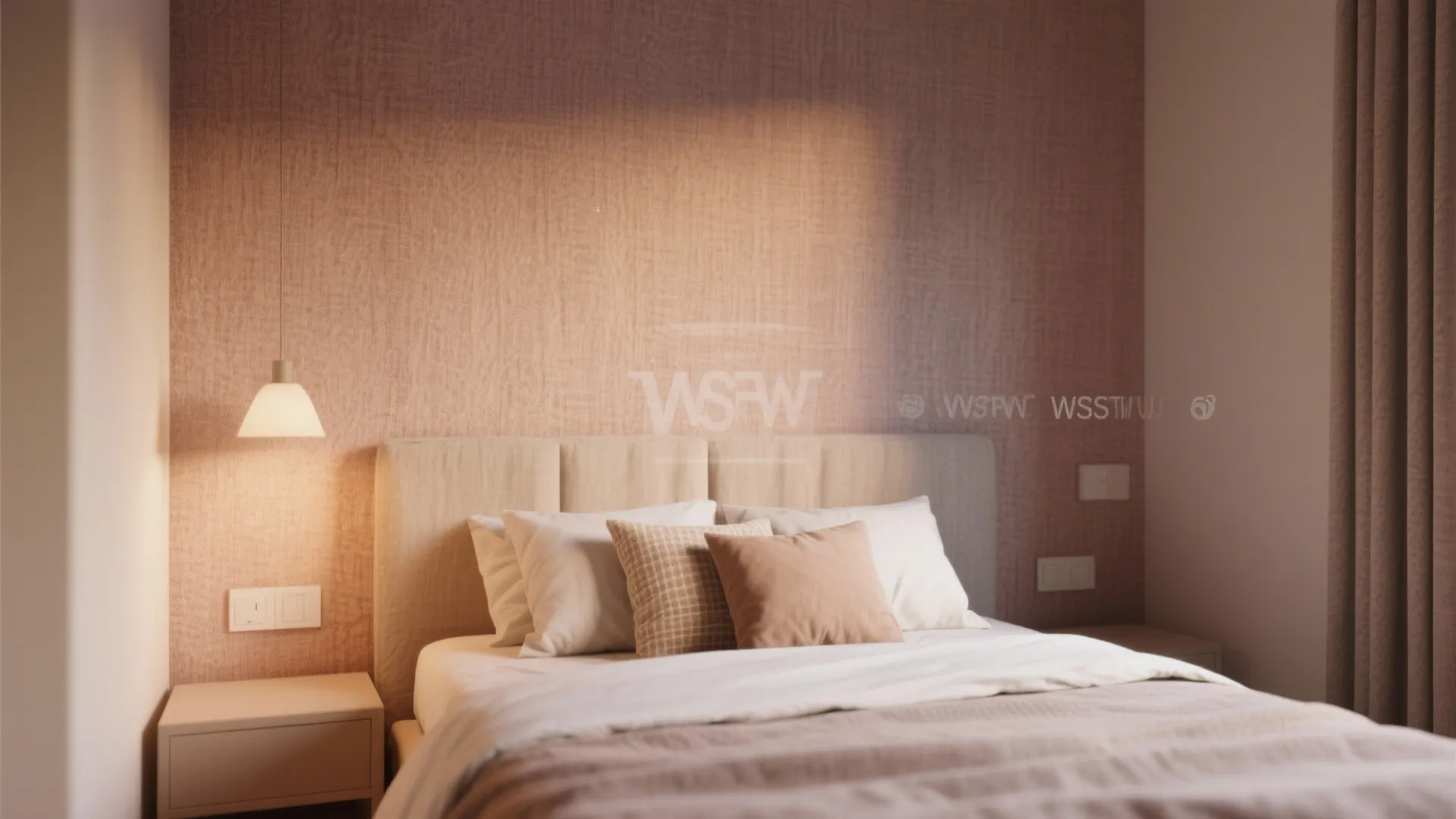 Modern bedroom with pink textured wall panel warm ceiling light beige bed and soft decorative pillows