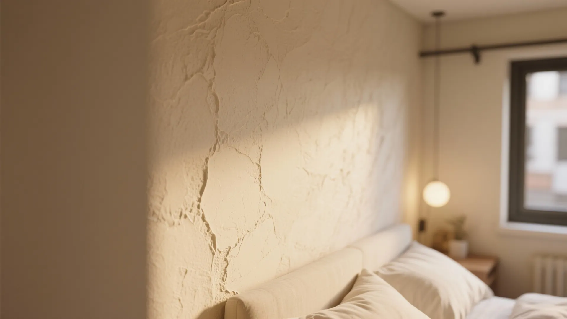 Close up of textured beige wall in bedroom with warm light, soft pillows, and window
