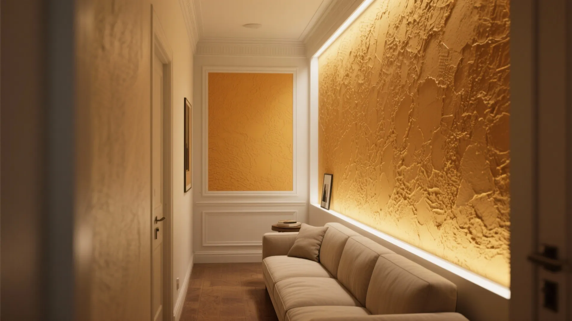 Narrow hallway with textured yellow wall panel cream sofa white wall light and wooden floor boards