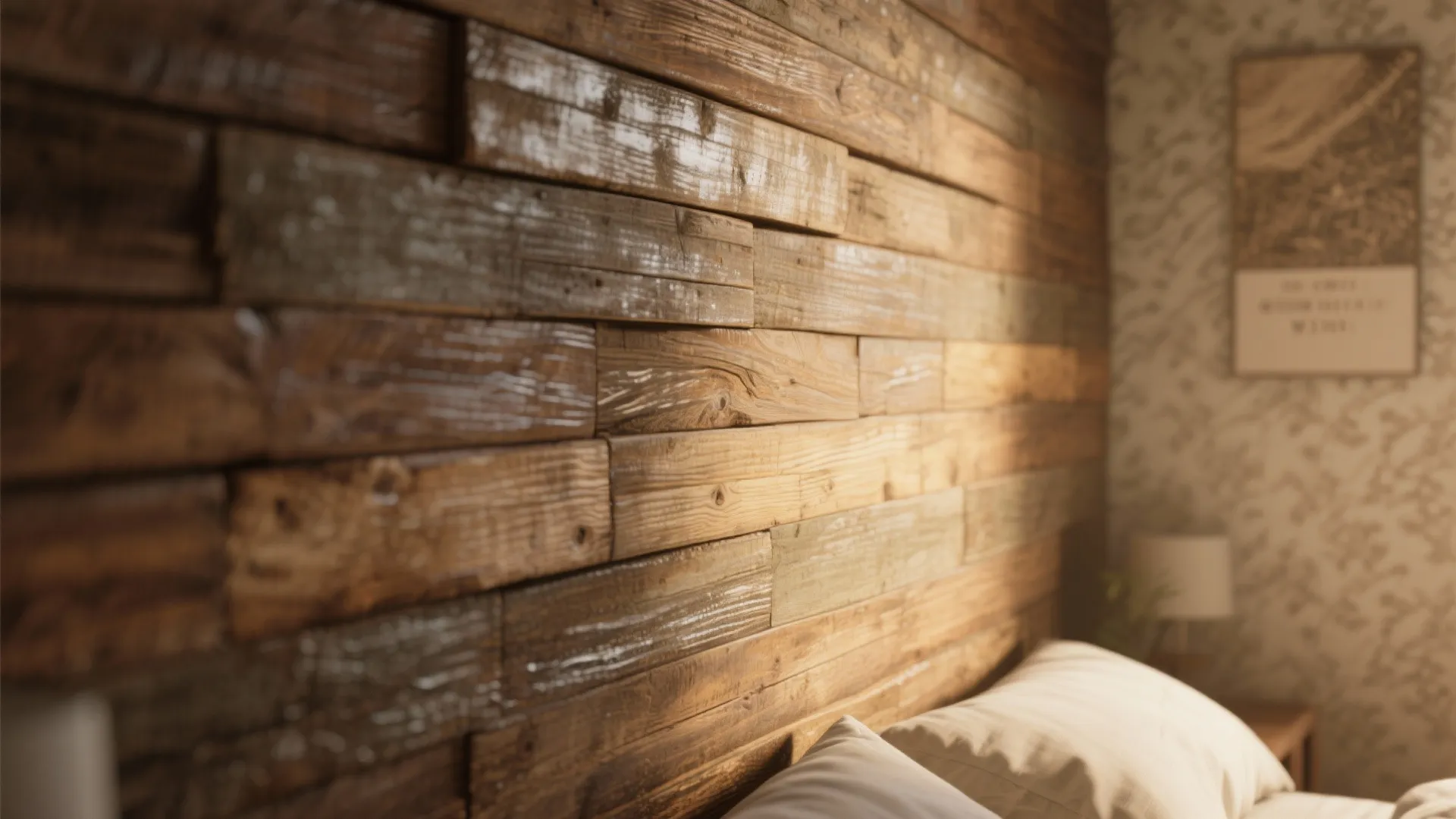 Close-up of a sealed reclaimed wood accent wall showing warm texture in a small bedroom.