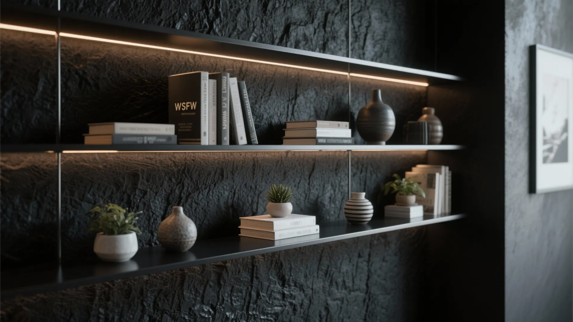 4. Textured black accent wall with integrated shelving