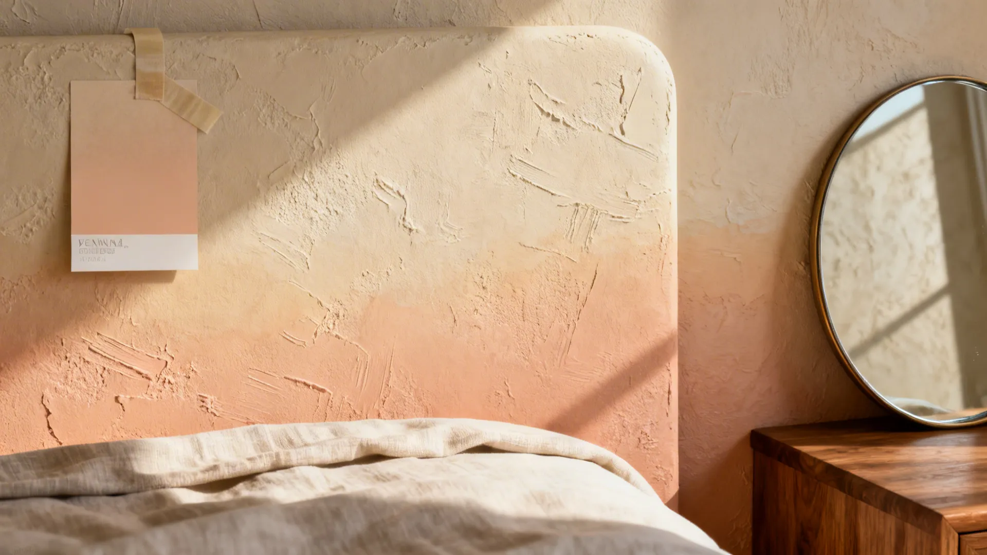 Close-up of a Venetian plaster textured accent wall sample behind a bed with linen and wood details.