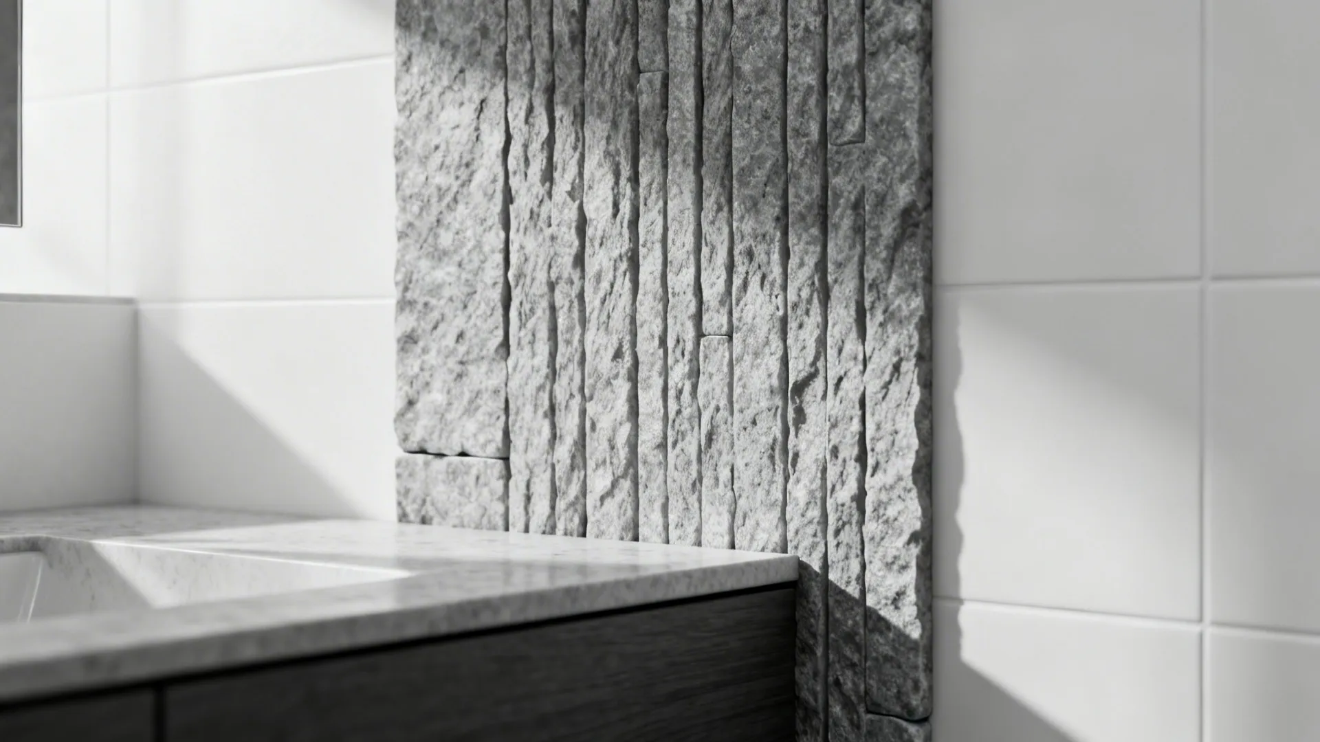 Textured stone-look vertical accent wall behind a vanity paired with smooth white tiles.