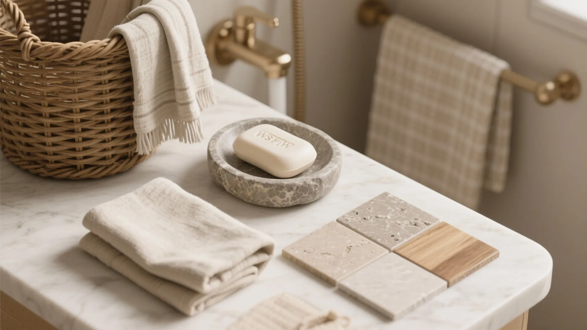 Marble bathroom counter with wicker basket towels soap dish and stone and wood tile samples