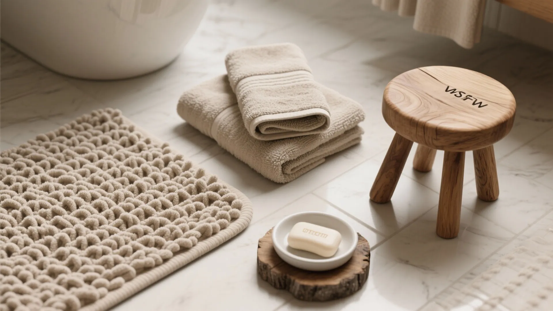 Bathroom floor featuring a textured beige mat, folded towels, wooden footrest, and small soap dish
