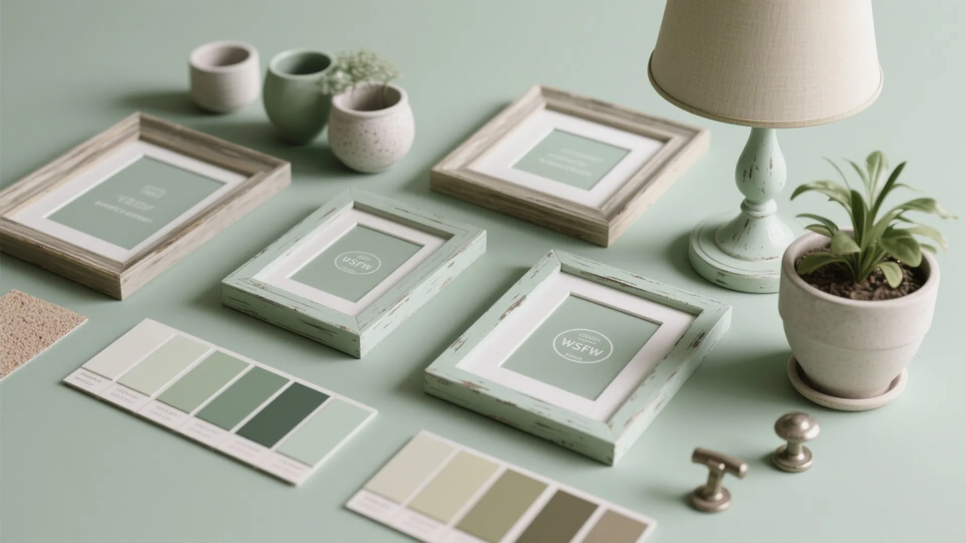 Interior design planning with green color samples picture frames table lamp and small potted plant