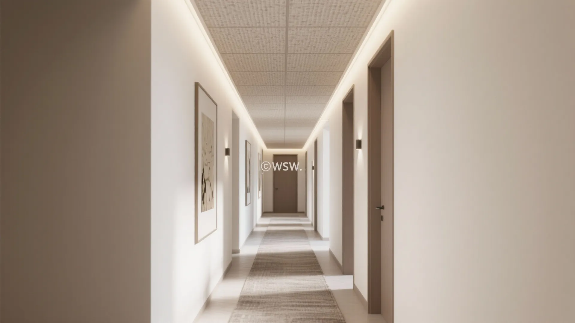 Hallway with textured PVC ceiling and acoustic felt backing creating a calm, softened ambience.