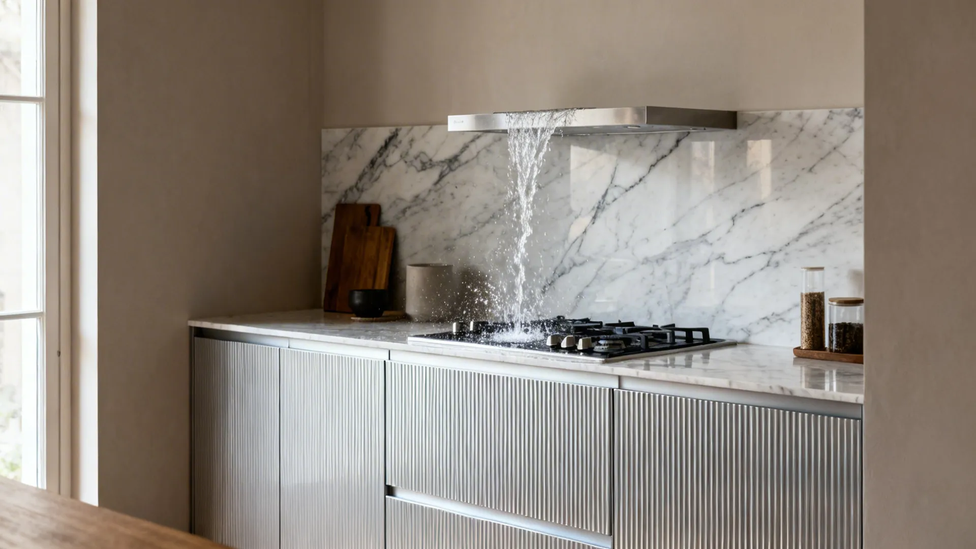 Textured aluminium panels with marble backsplash accents