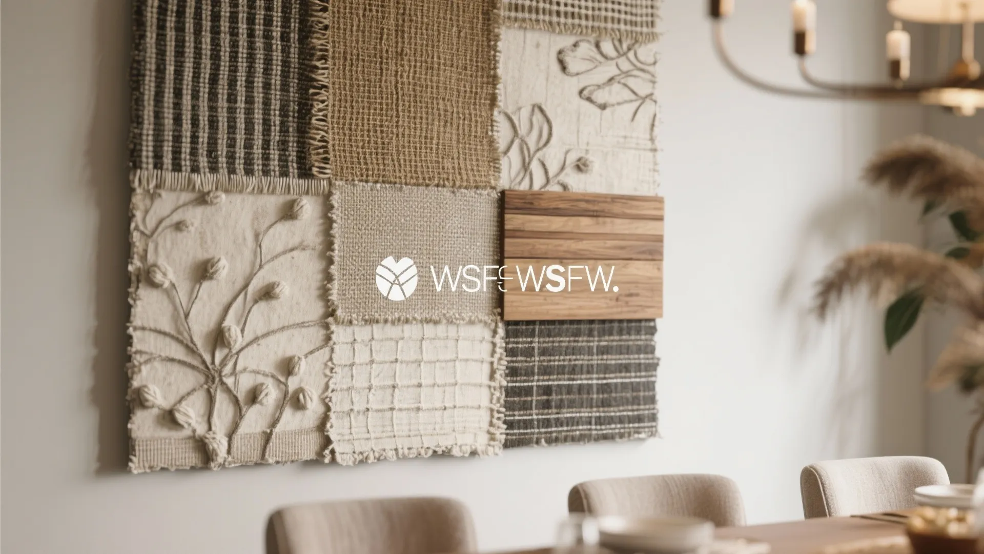 Close-up of mixed-media wall art with fabric and wood