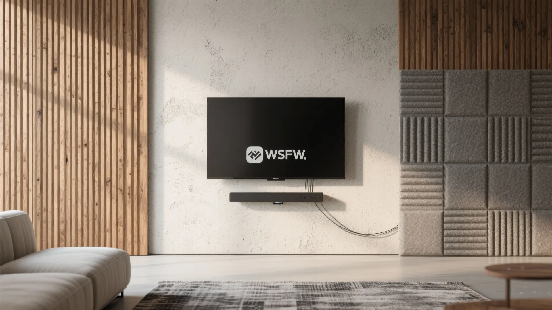 Textured backdrop: microcement, slatted wood, or acoustic panels