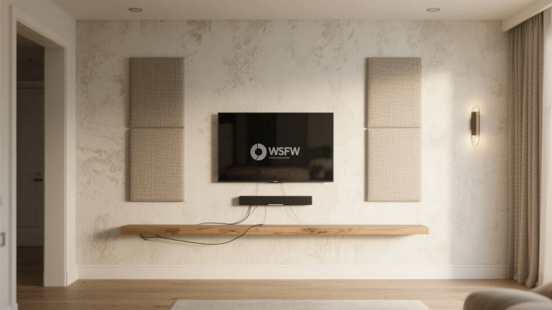 Textured backdrop: limewash, fabric, or acoustic panels