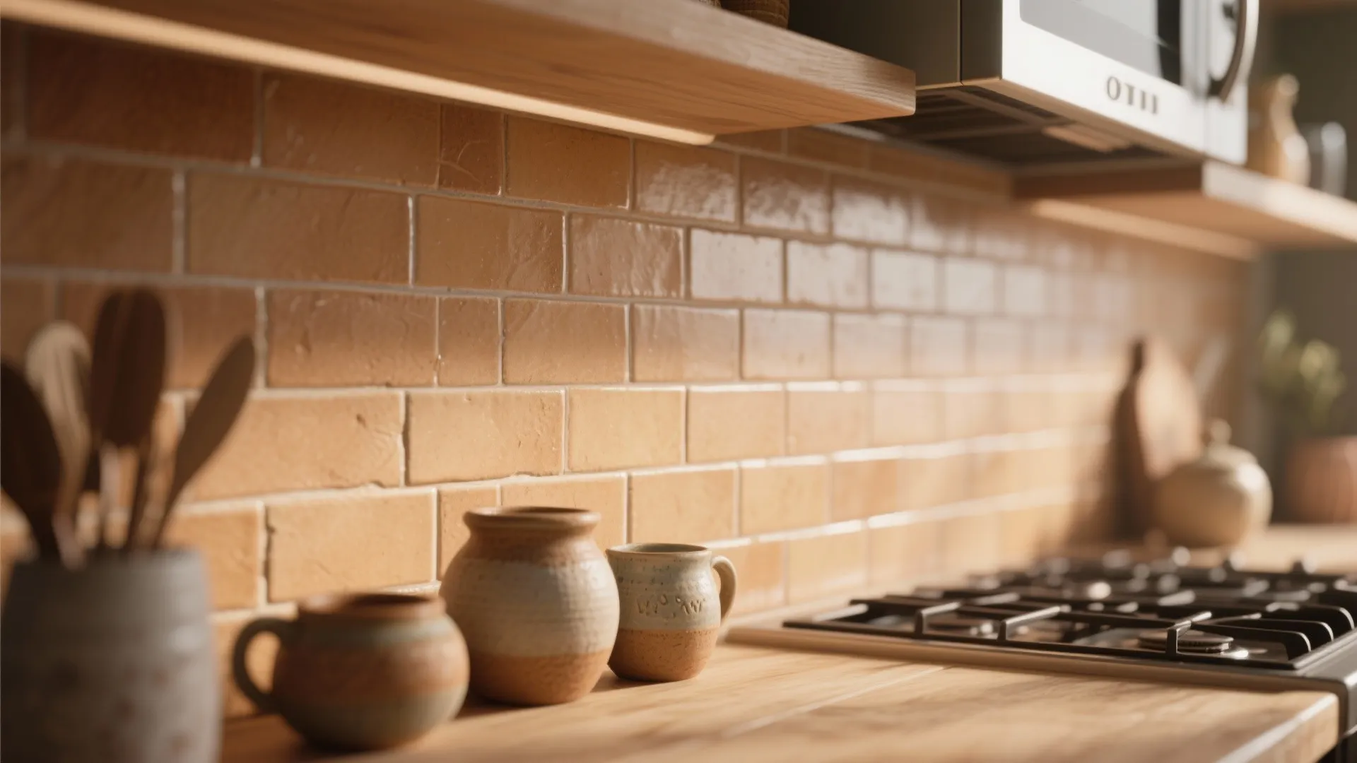 Orange brick wall tiles in kitchen with wooden countertop and ceramic cups near gas stove