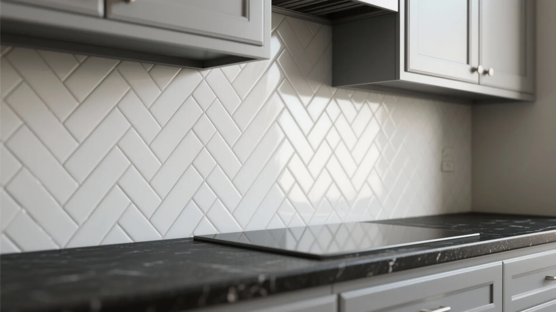 Textured white herringbone tile backsplash between gray cabinets and a black countertop.