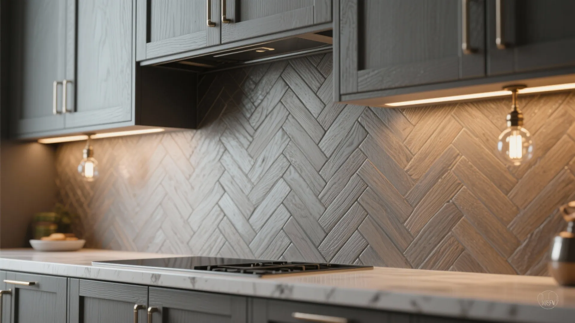 Modern kitchen with dark wood cabinets herringbone wall tile white marble countertop and hanging light fixtures