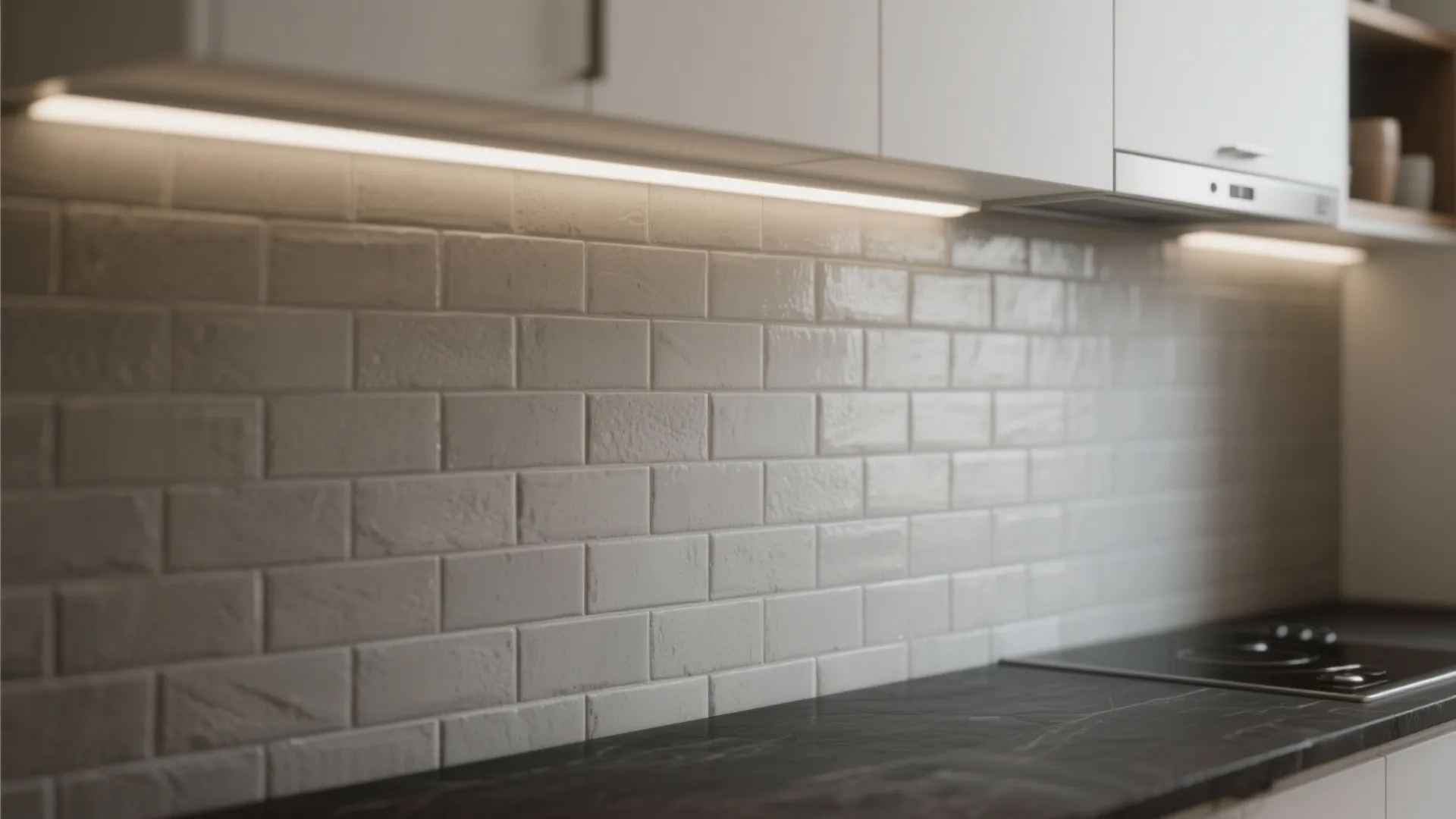 Close up of white wall tiles in kitchen with bright light fixture under white wall cabinets