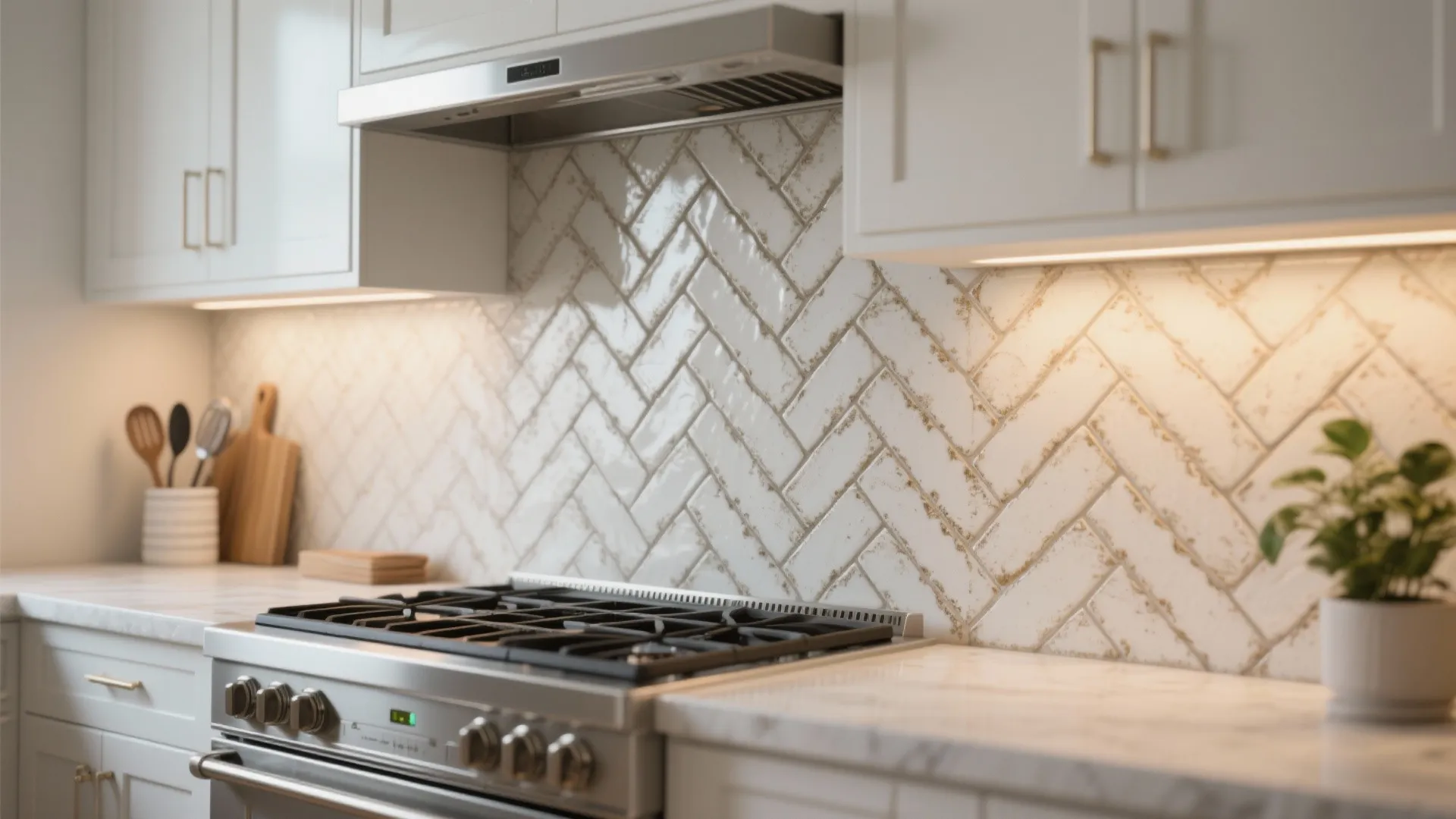 Close up of white patterned tile wall behind a stainless steel stove in a kitchen