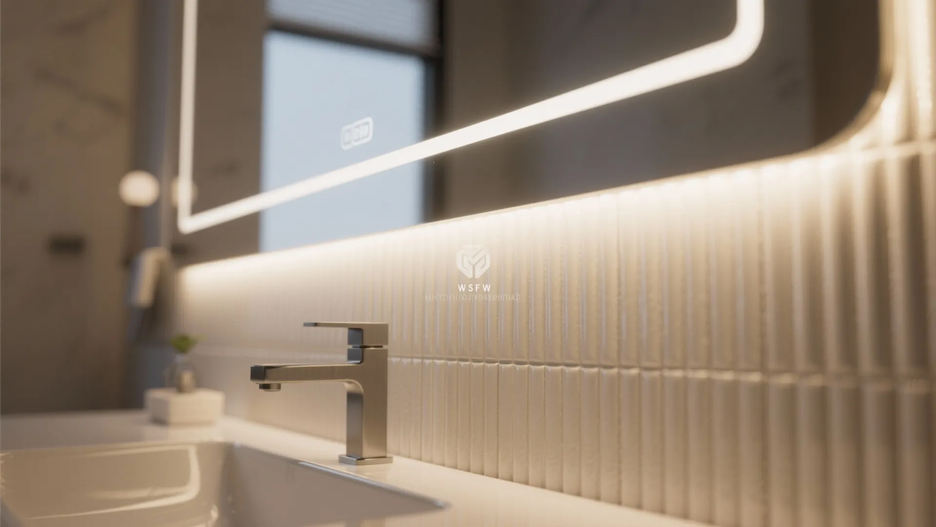 Backlit Mirror and Textured Backsplash