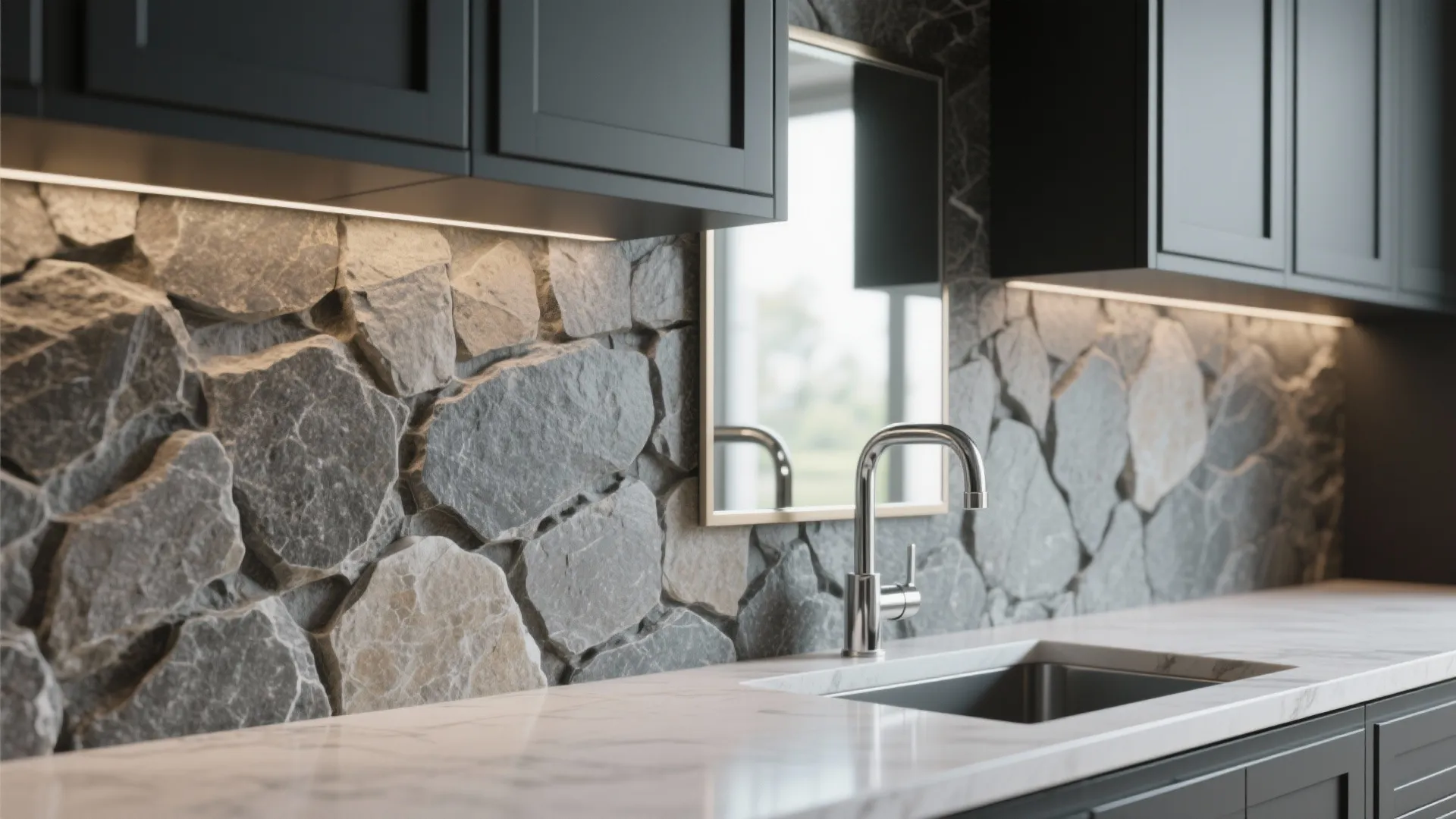 Textured stone backsplash next to dark grey cabinets with chrome faucet and mirrored accent