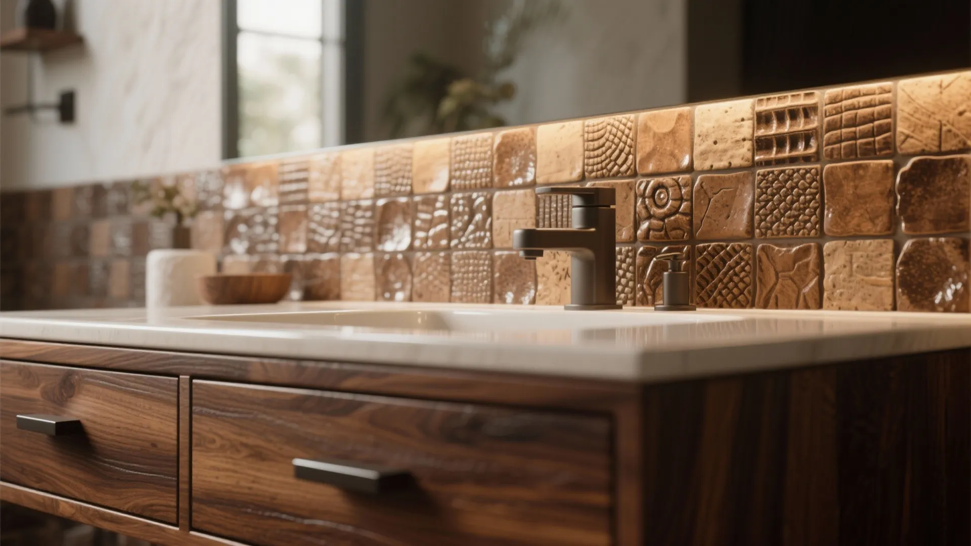 Close up of a dark wood cabinet with white top and brown textured wall tiles