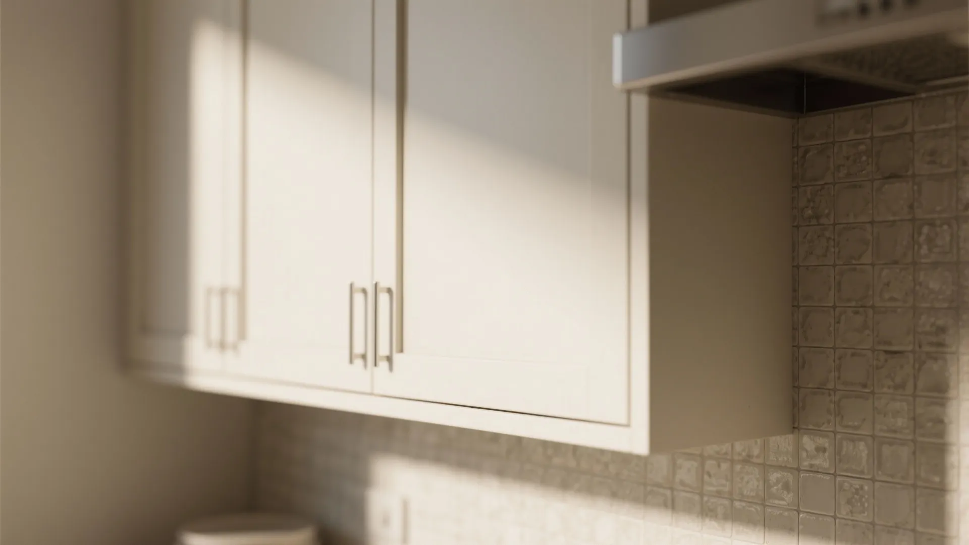 Subtle warm white cabinet paired with a textured tile backsplash and visible grout