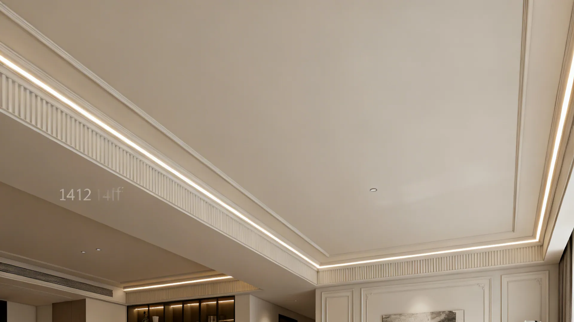 Interior design drawing of a ceiling with textured wall panels and bright led light strip details
