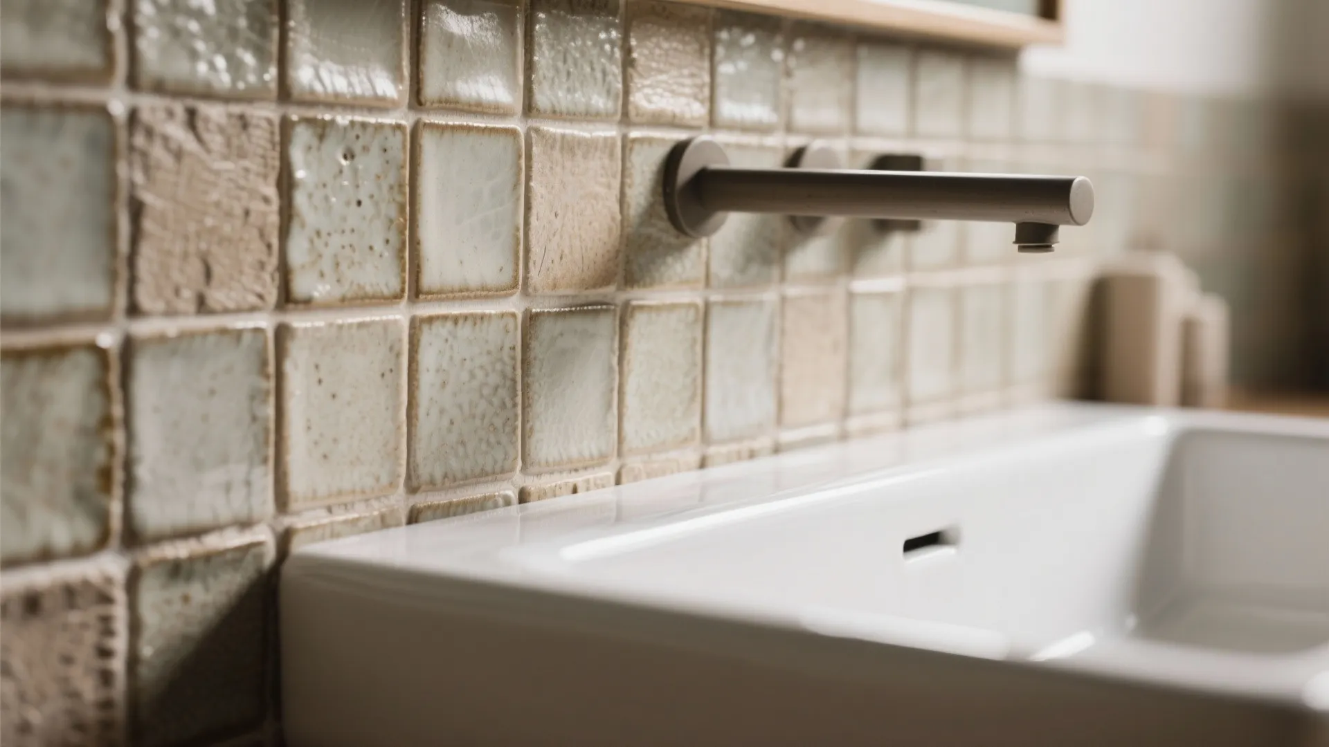 Close up of white bathroom sink with textured wall tiles and a modern wall tap