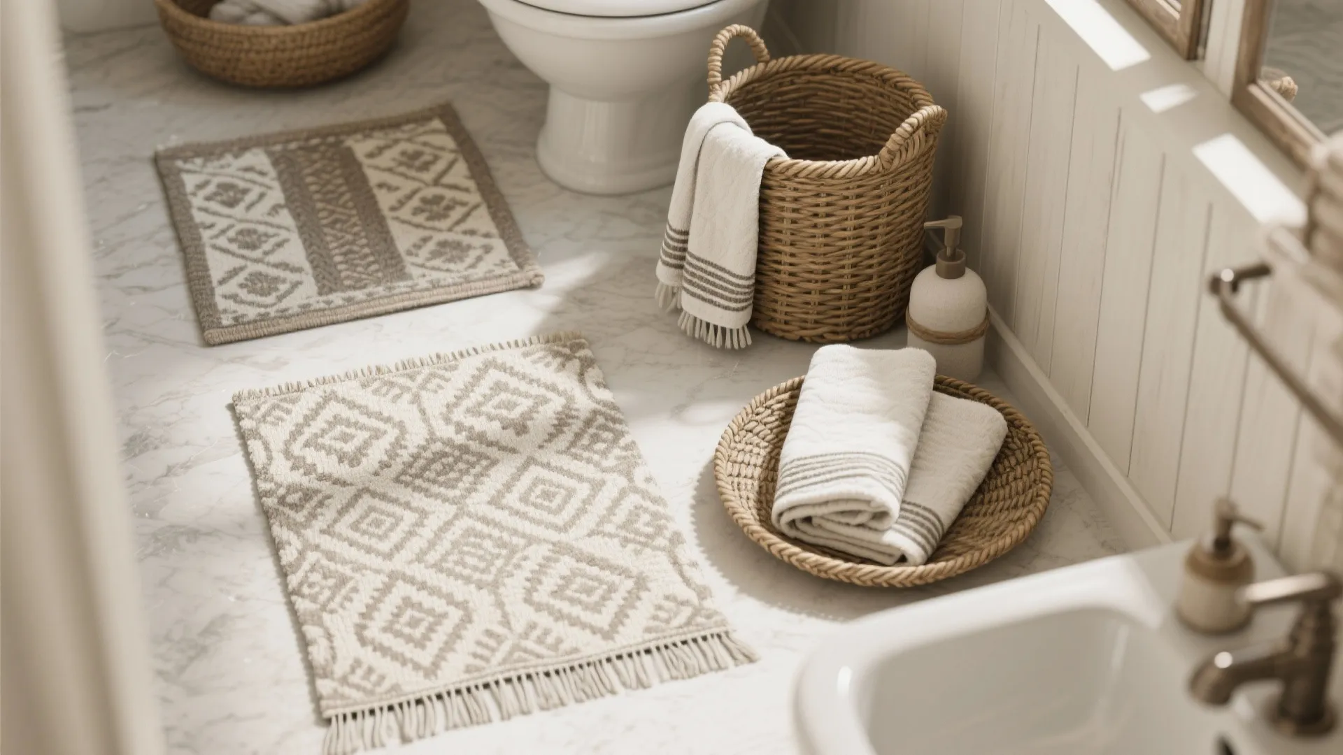 Flat lay of Turkish towels, woven baskets, and patterned rugs in neutral tones
