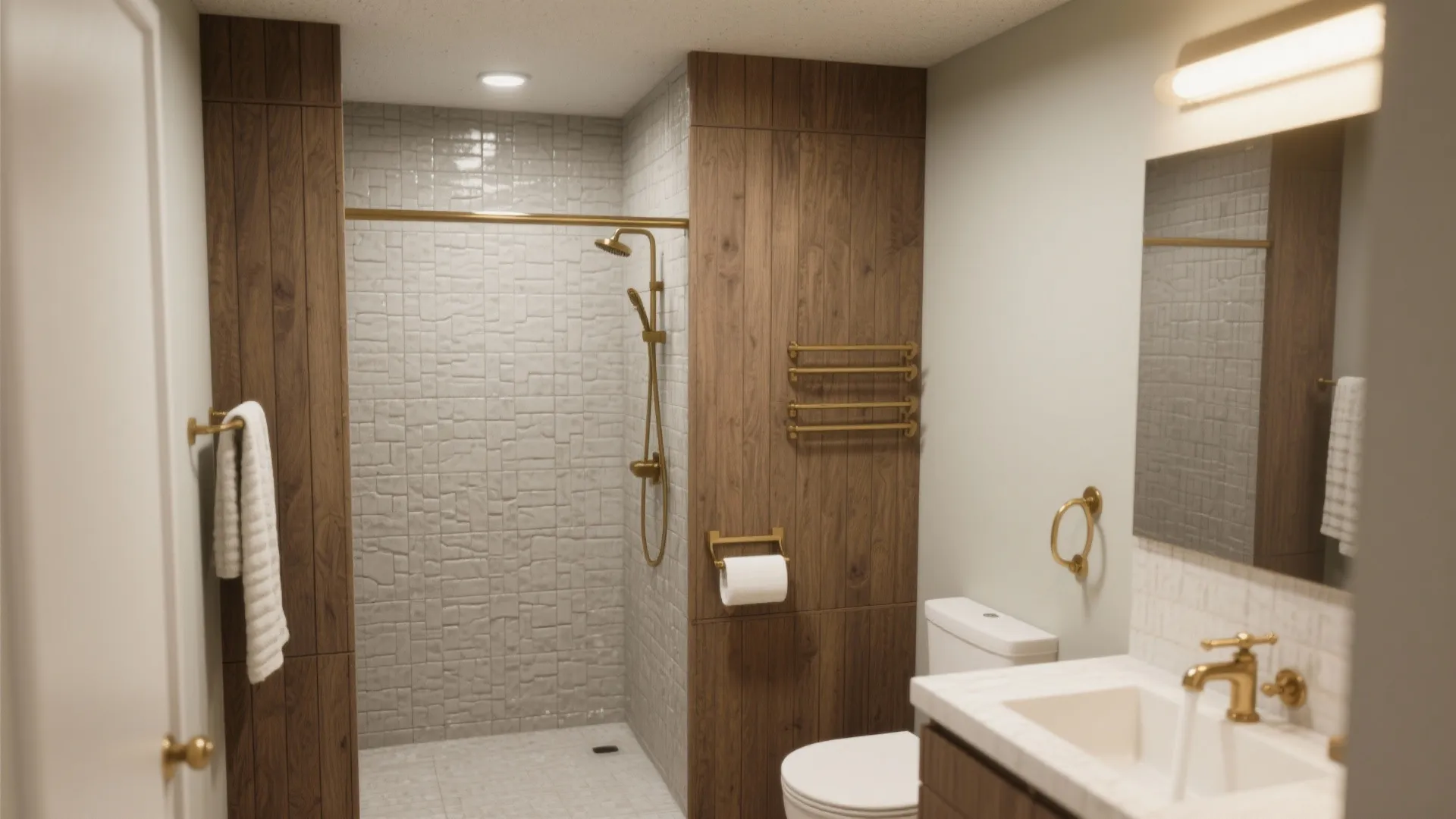 Bathroom interior with wood wall panel gold shower head white toilet and stone tiled shower