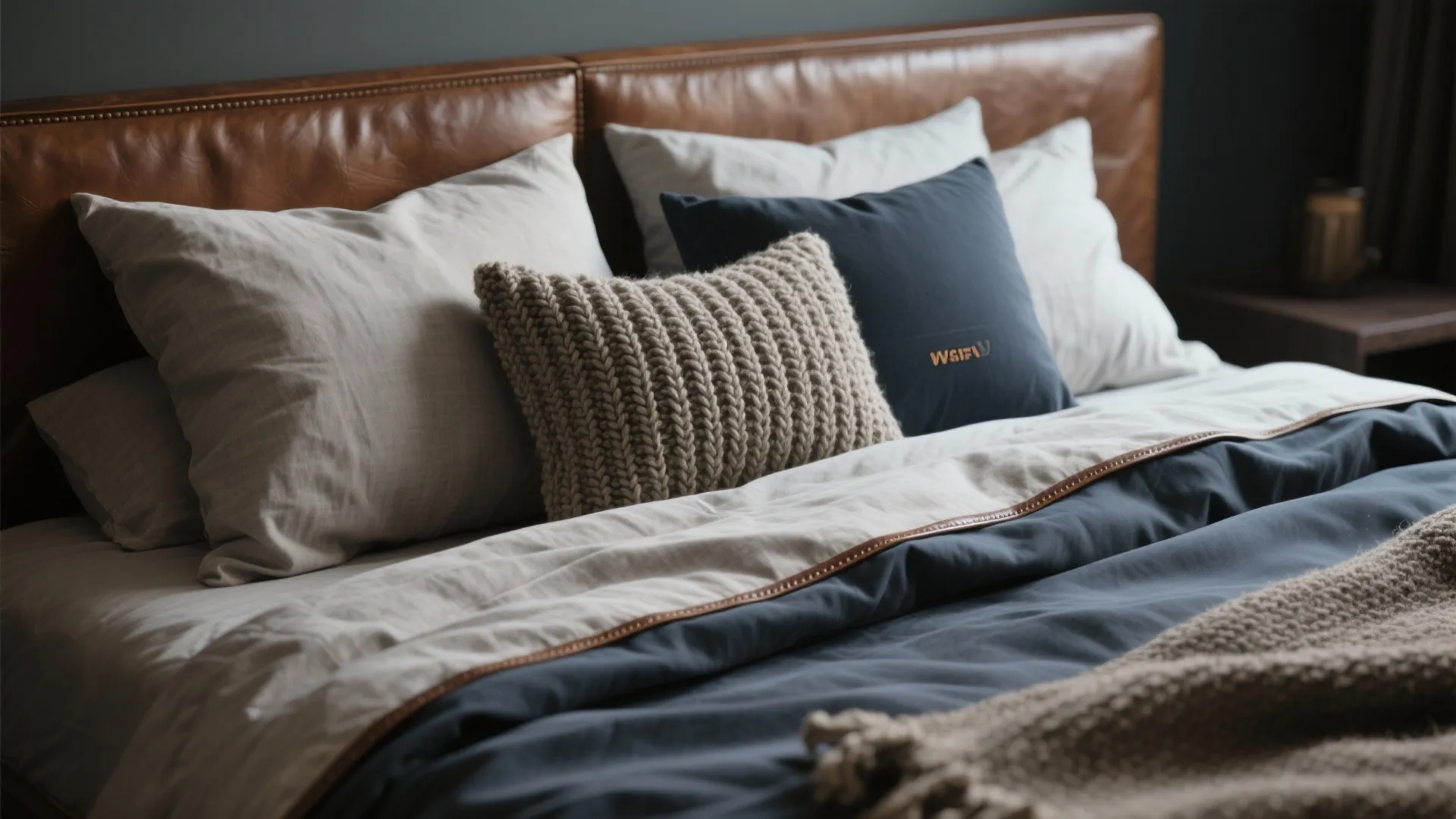 Close-up of layered bedding: linen duvet, wool throw, leather-trimmed cushion and chunky knit.